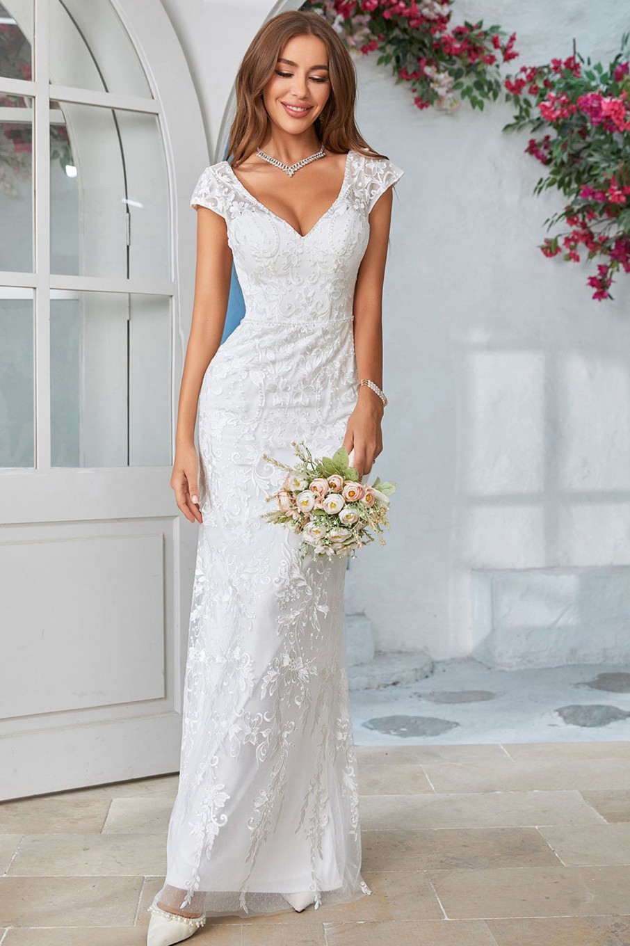 Wedding Dresses HELLYMOON | Mermaid Lace V-Neck Wedding Dress Ivory