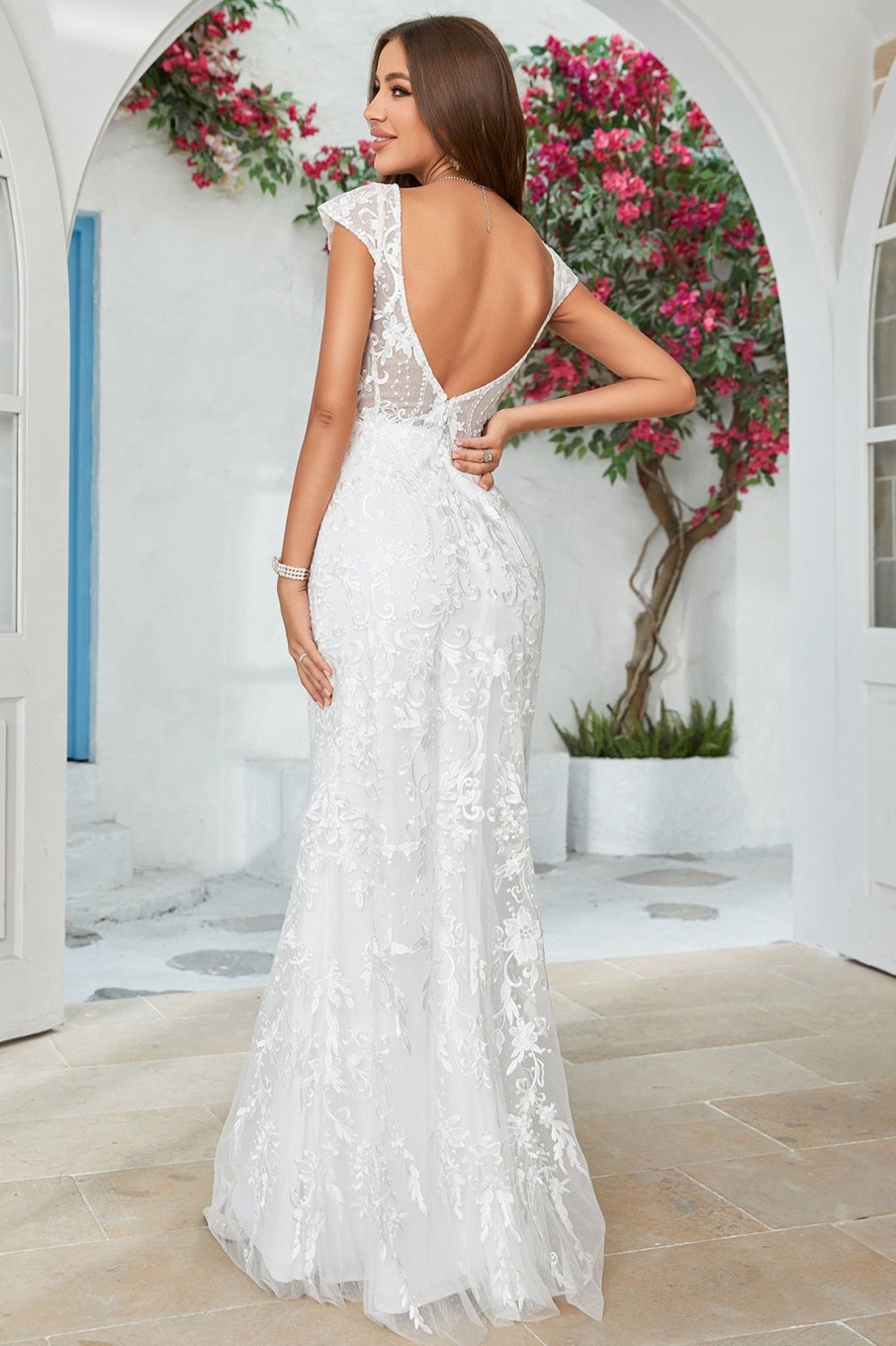 Wedding Dresses HELLYMOON | Mermaid Lace V-Neck Wedding Dress Ivory