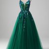 Prom Dresses HELLYMOON | Tulle Spaghetti Straps Prom Dress With Sequins Dark Green