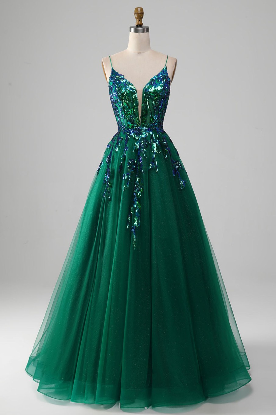 Prom Dresses HELLYMOON | Tulle Spaghetti Straps Prom Dress With Sequins Dark Green