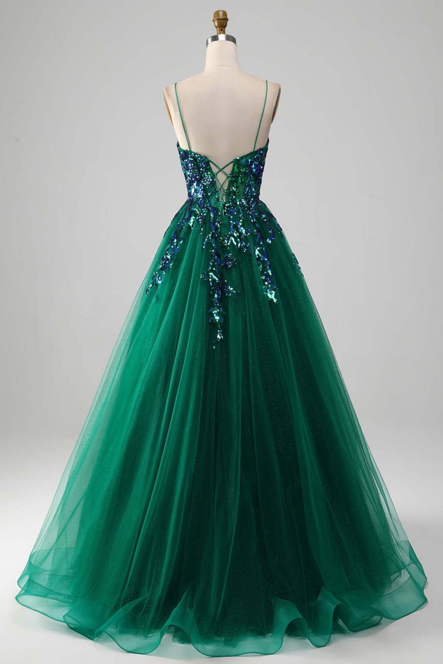 Prom Dresses HELLYMOON | Tulle Spaghetti Straps Prom Dress With Sequins Dark Green