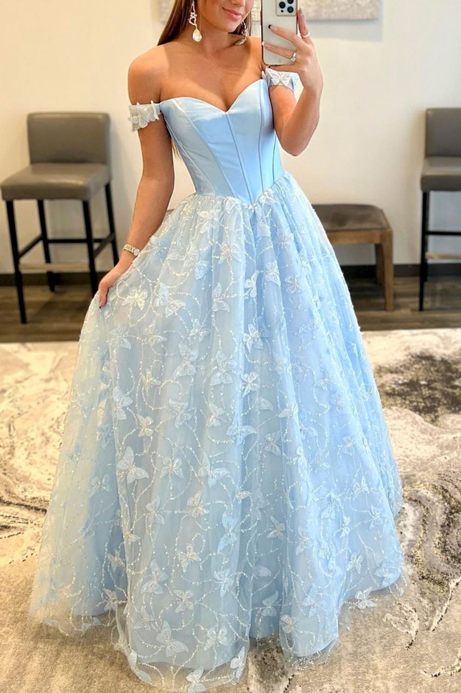 Special Occasion HELLYMOON | Light Blue Lace Off The Shoulder Princess Prom Dress Sky Blue