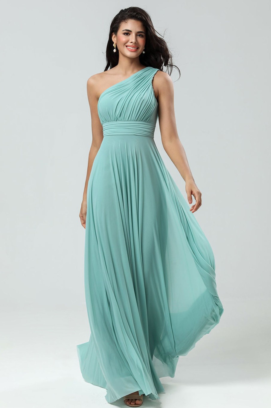 Partywear HELLYMOON | Stunning A Line One Shoulder Sea Glass Long Bridesmaid Dress With Ruched