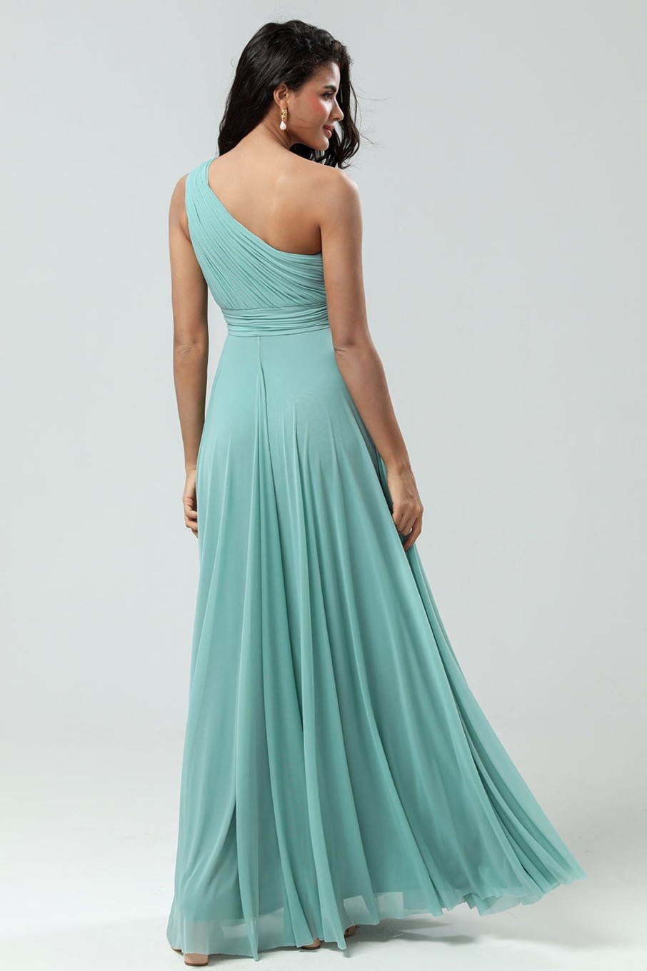 Partywear HELLYMOON | Stunning A Line One Shoulder Sea Glass Long Bridesmaid Dress With Ruched