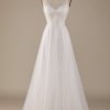 Wedding Dresses HELLYMOON | V-Neck Tulle Sweep Train Wedding Dress With Lace Ivory