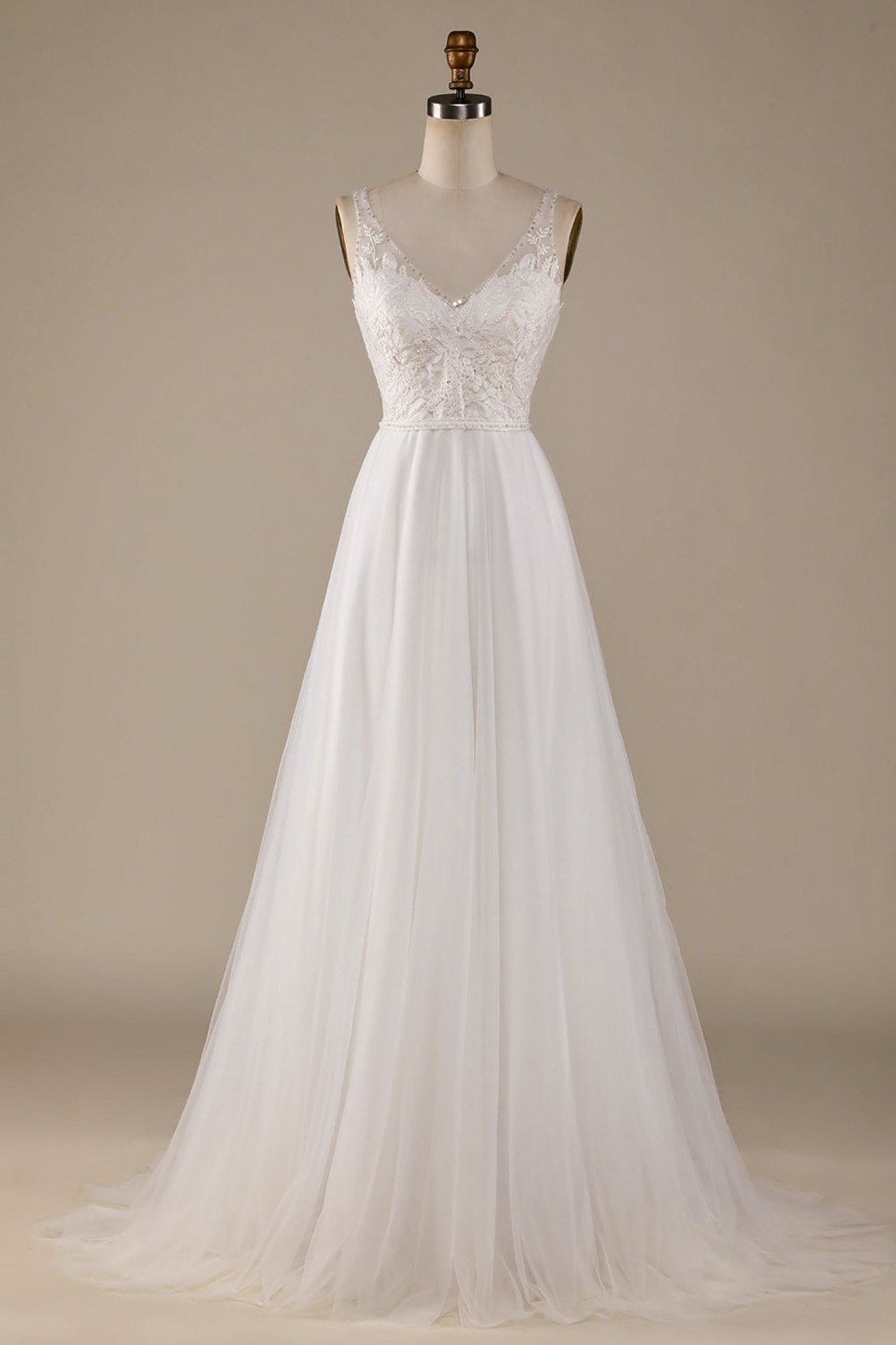 Wedding Dresses HELLYMOON | V-Neck Tulle Sweep Train Wedding Dress With Lace Ivory