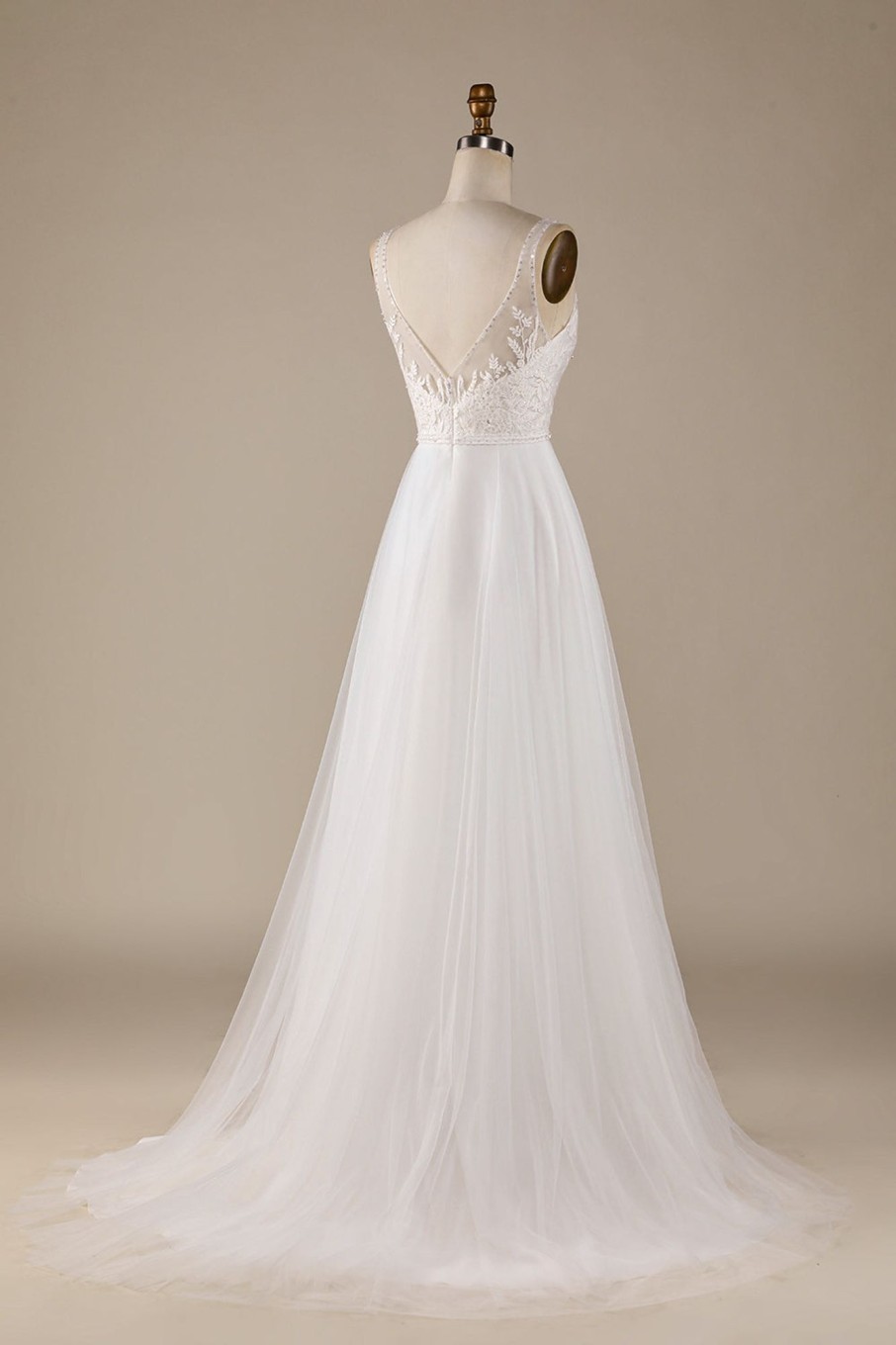 Wedding Dresses HELLYMOON | V-Neck Tulle Sweep Train Wedding Dress With Lace Ivory