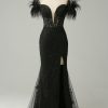 Special Occasion HELLYMOON | Off The Shoulder Mermaid Prom Dress With Feathers Black