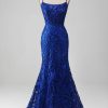 Prom Dresses HELLYMOON | Sparkly Mermaid Spaghetti Straps Long Prom Dress With Appliques Royal Blue