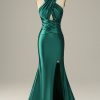 Prom Dresses HELLYMOON | Halter Lace Up Mermaid Prom Dress With Slit Dark Green