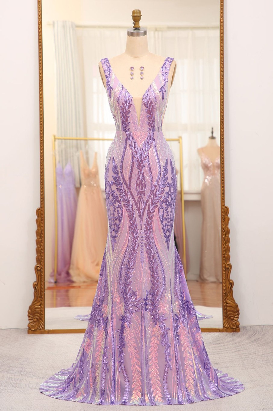 Prom Dresses HELLYMOON | Mermaid Deep V-Neck Long Prom Dress With Sequins Purple