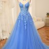 Prom Dresses HELLYMOON | A-Line Spaghetti Straps Tulle Long Prom Dress With Appliques Blue