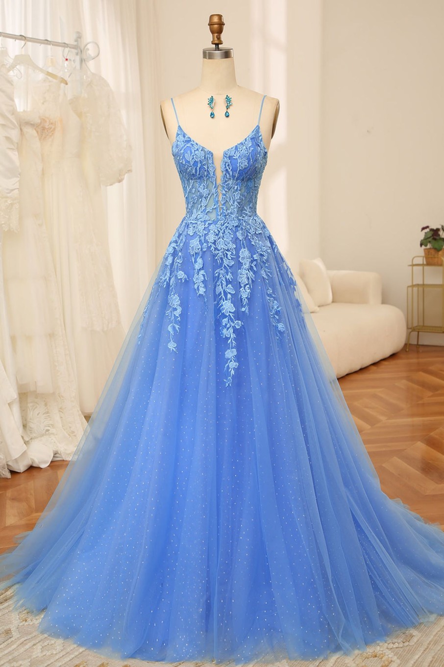 Prom Dresses HELLYMOON | A-Line Spaghetti Straps Tulle Long Prom Dress With Appliques Blue