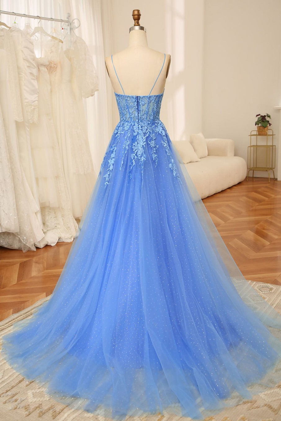 Prom Dresses HELLYMOON | A-Line Spaghetti Straps Tulle Long Prom Dress With Appliques Blue