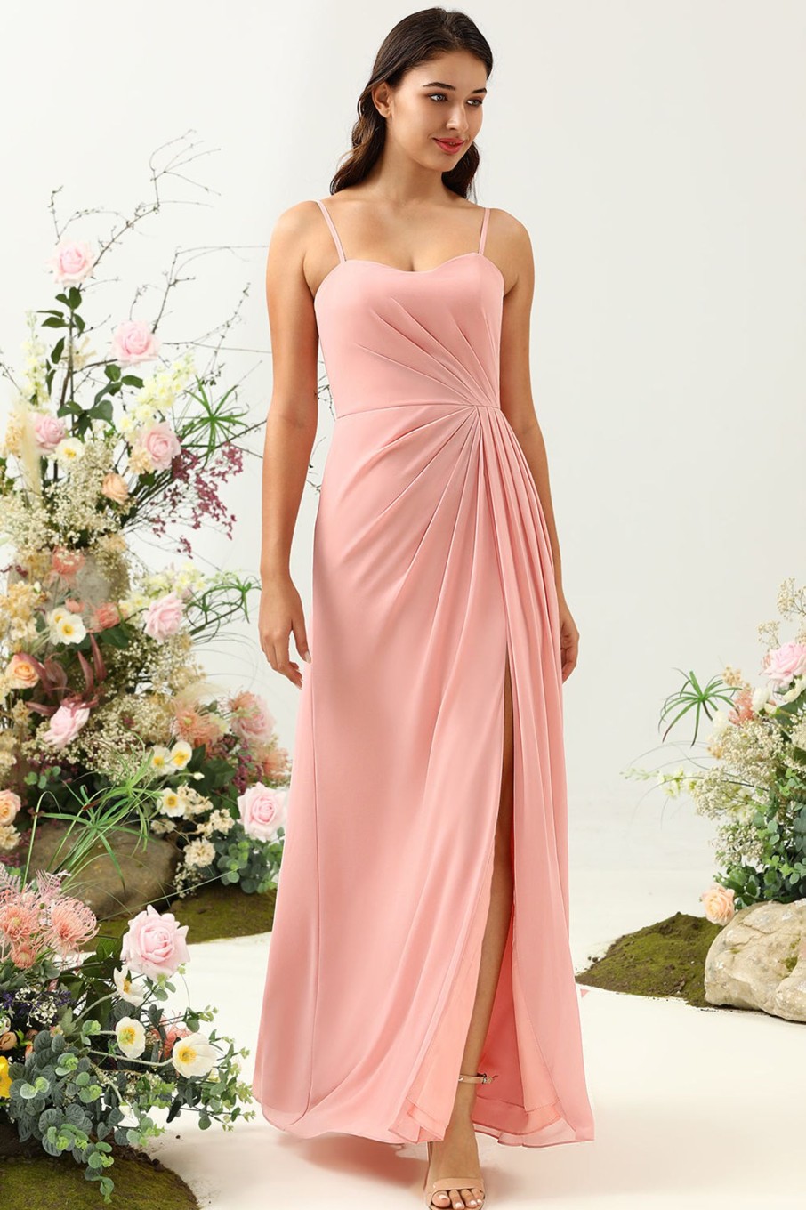 Partywear HELLYMOON | A Line Spaghetti Straps Long Bridesmaid Dress With Split Front