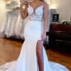 Wedding Dresses HELLYMOON | Spaghetti Straps High Slit Mermaid Wedding Dress With Appliques Ivory