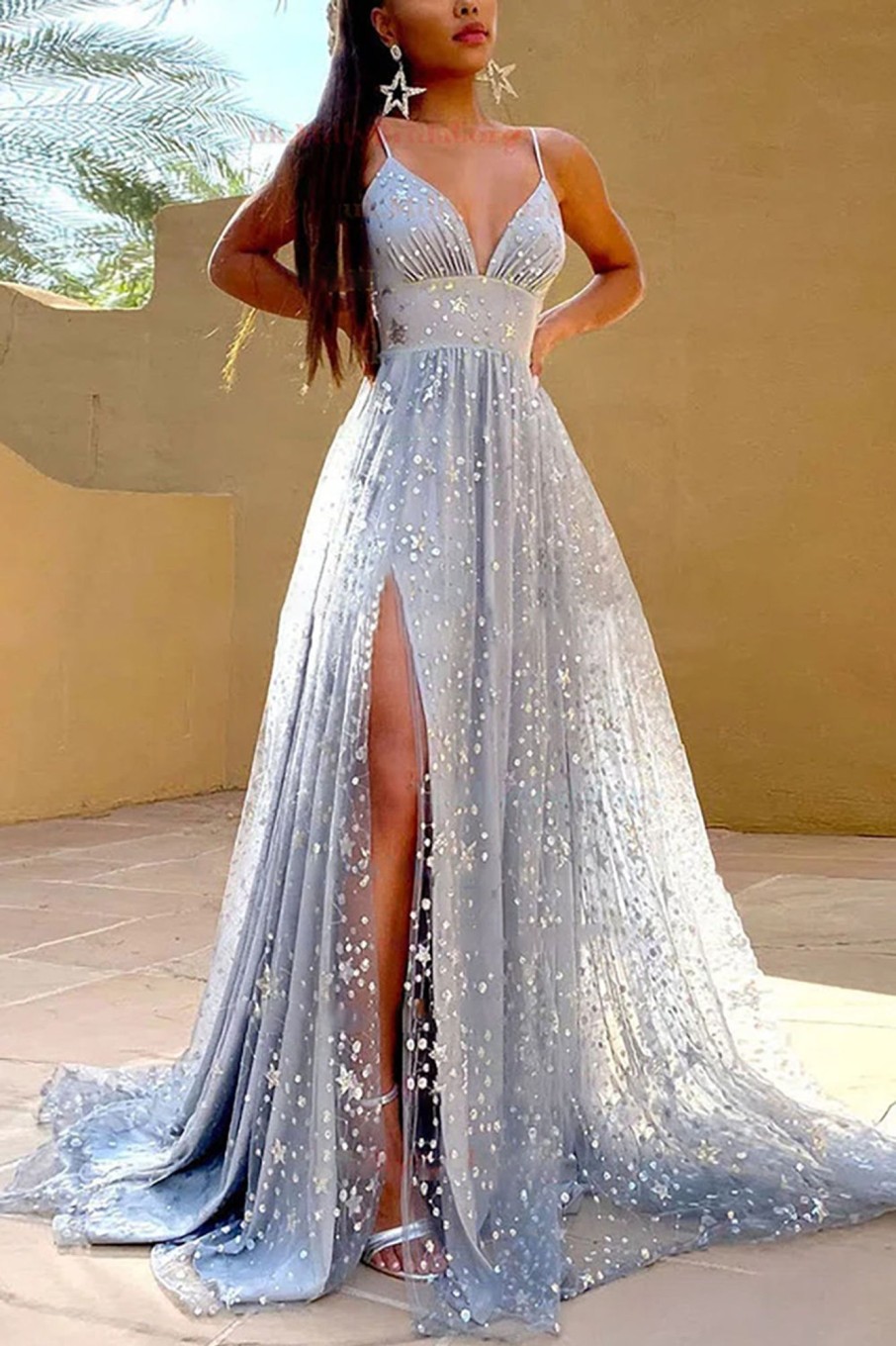 Prom Dresses HELLYMOON | Tulle A-Line Prom Dress With Slit Grey