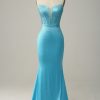 Prom Dresses HELLYMOON | Mermaid Spaghetti Straps Sparkly Corset Prom Dress With Beading Blue