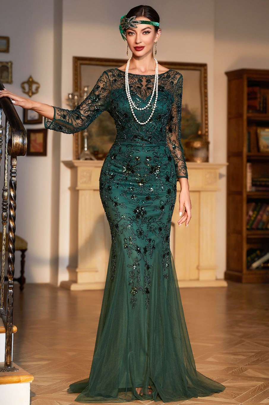 Special Occasion HELLYMOON | Long Fringe Gatsby Dress Sequin Beaded Party Dress Dark Green