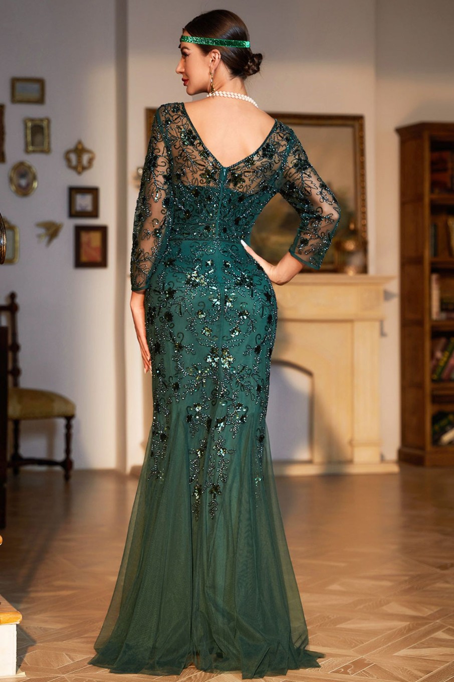 Special Occasion HELLYMOON | Long Fringe Gatsby Dress Sequin Beaded Party Dress Dark Green