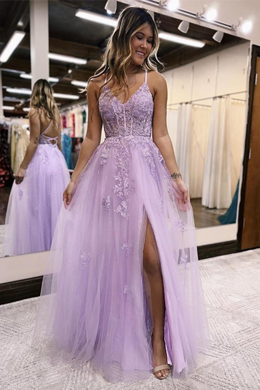 Special Occasion HELLYMOON | A Line Spaghetti Straps Long Prom Dress With Appliques Lilac