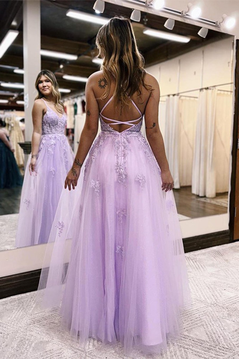 Special Occasion HELLYMOON | A Line Spaghetti Straps Long Prom Dress With Appliques Lilac