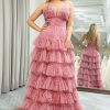 Special Occasion HELLYMOON | A-Line Spaghetti Straps Print Tiered Long Prom Dress Pink