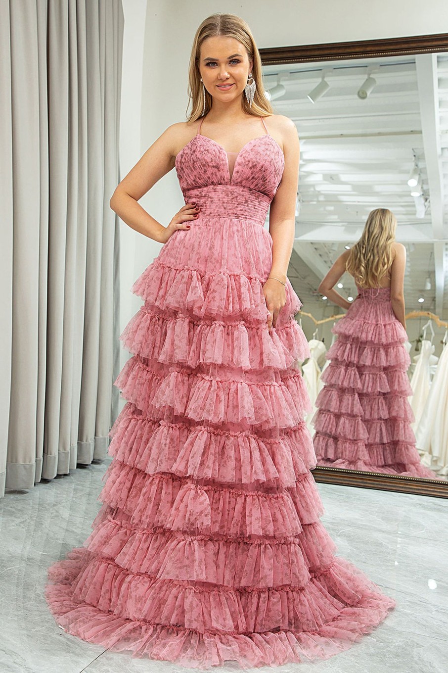 Special Occasion HELLYMOON | A-Line Spaghetti Straps Print Tiered Long Prom Dress Pink