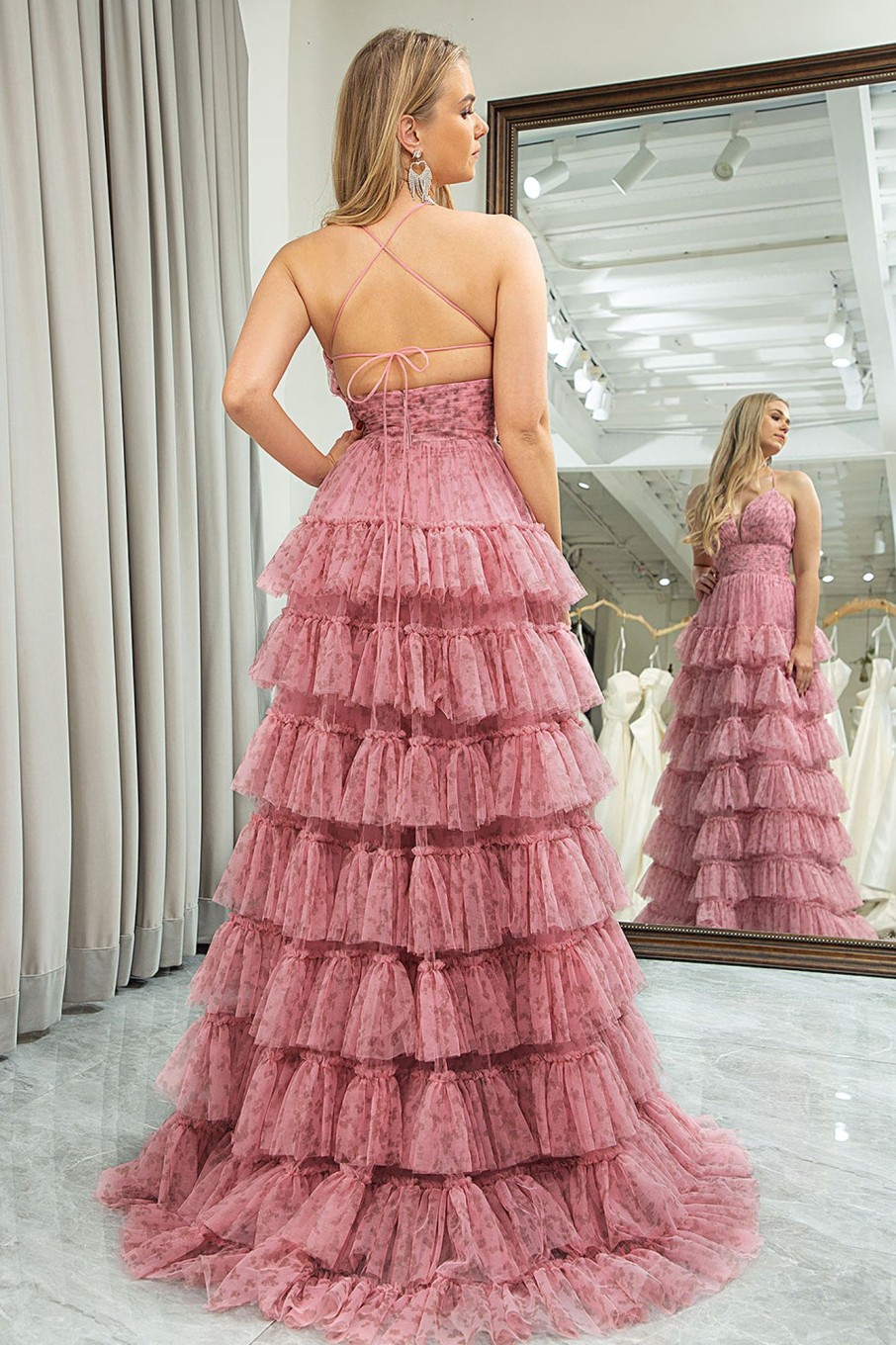 Special Occasion HELLYMOON | A-Line Spaghetti Straps Print Tiered Long Prom Dress Pink