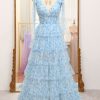 Prom Dresses HELLYMOON | A Line Blue Printed V-Neck Long Tiered Prom Dress With Slit Light Blue