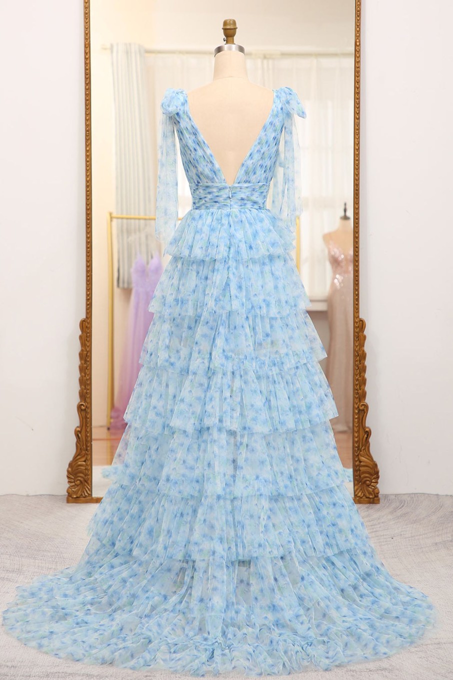 Prom Dresses HELLYMOON | A Line Blue Printed V-Neck Long Tiered Prom Dress With Slit Light Blue