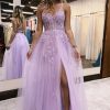 Special Occasion HELLYMOON | Lavender A-Line Spaghetti Straps Lace Long Prom Dress With Slit Lilac