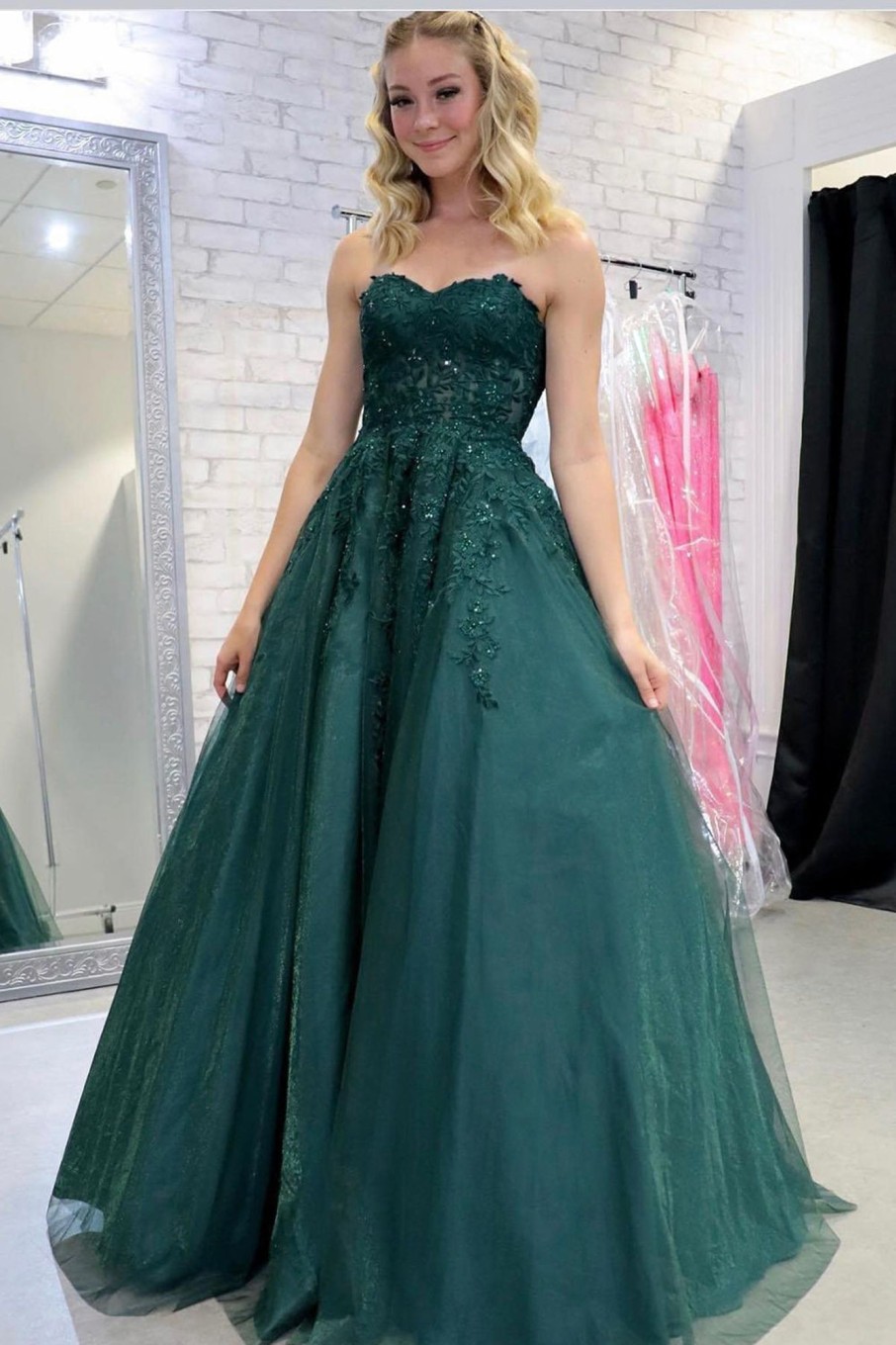 Prom Dresses HELLYMOON | Tulle A Line Prom Dress With Appliques Dark Green