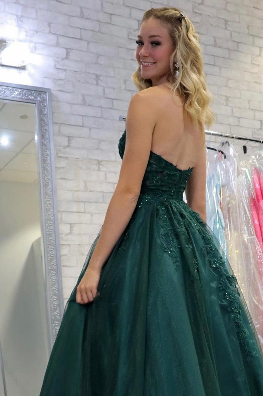 Prom Dresses HELLYMOON | Tulle A Line Prom Dress With Appliques Dark Green