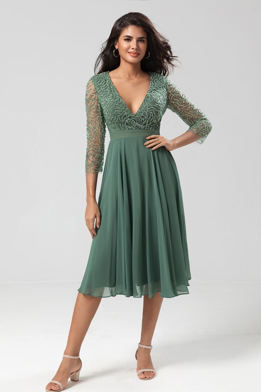 Partywear HELLYMOON | A Line V-Neck Bridesmaid Dress With Long Sleeves