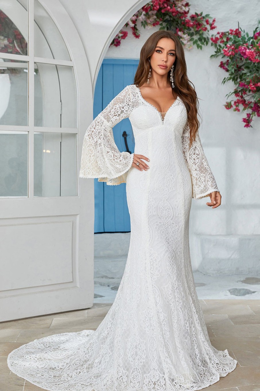 Wedding Dresses HELLYMOON | Mermaid Lace Flare Sleeves Wedding Dress Ivory