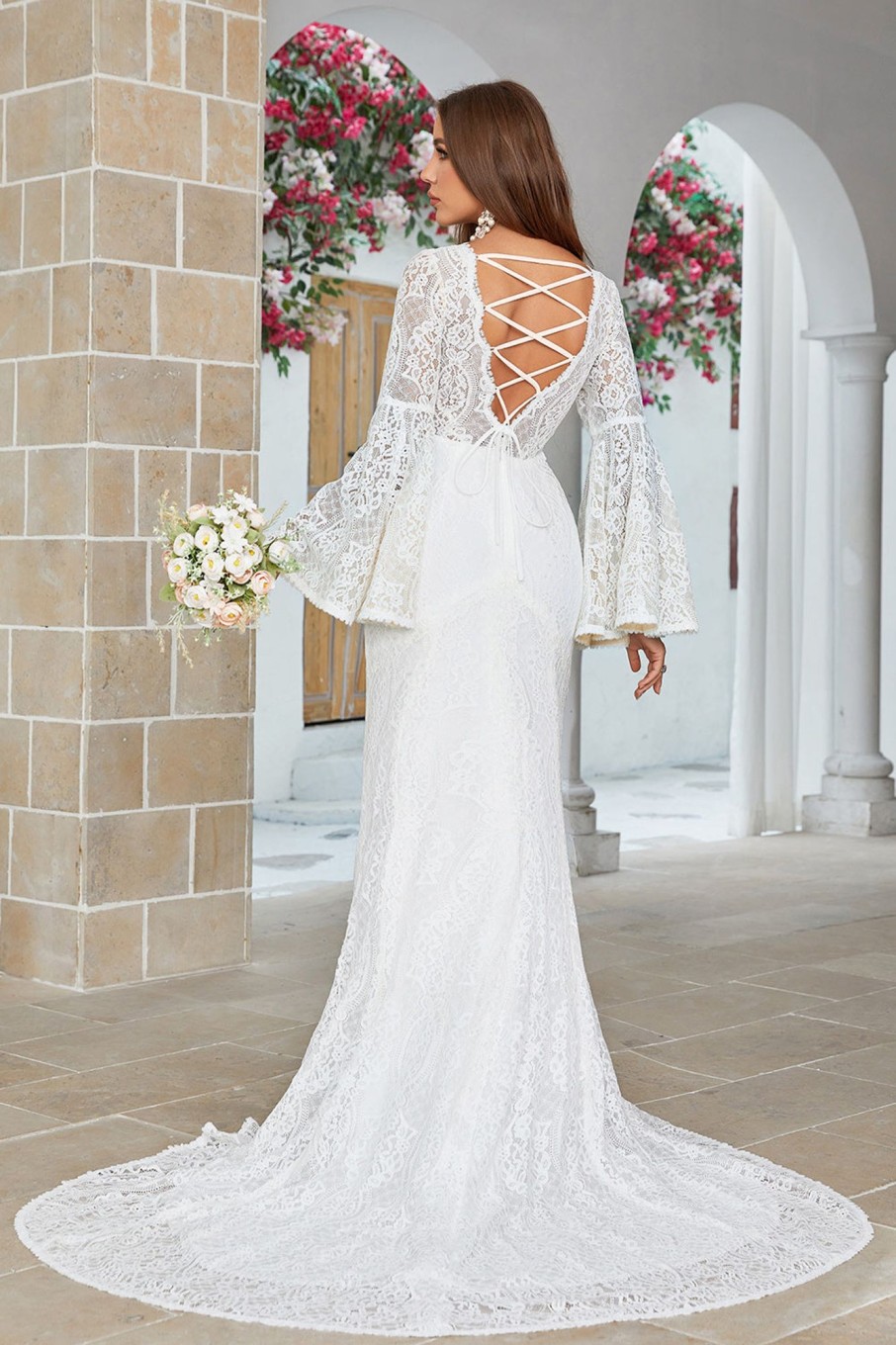 Wedding Dresses HELLYMOON | Mermaid Lace Flare Sleeves Wedding Dress Ivory