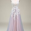 Prom Dresses HELLYMOON | Gorgeous A Line Deep V Neck Long Prom Dress With Appliques Grey Pink