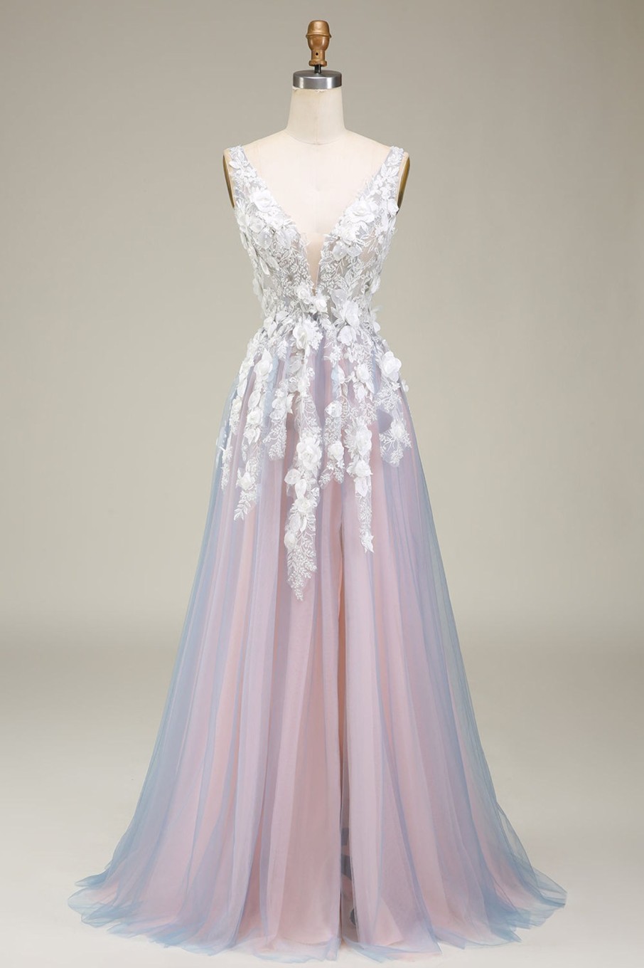 Prom Dresses HELLYMOON | Gorgeous A Line Deep V Neck Long Prom Dress With Appliques Grey Pink