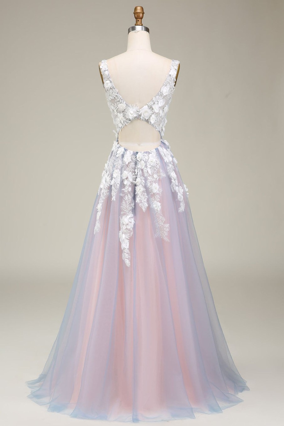 Prom Dresses HELLYMOON | Gorgeous A Line Deep V Neck Long Prom Dress With Appliques Grey Pink