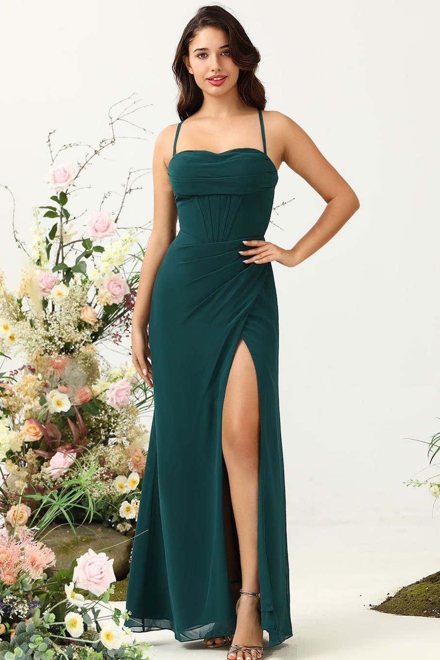 Partywear HELLYMOON | Dark Green Spaghetti Straps Wedding Guest Dress With Slit