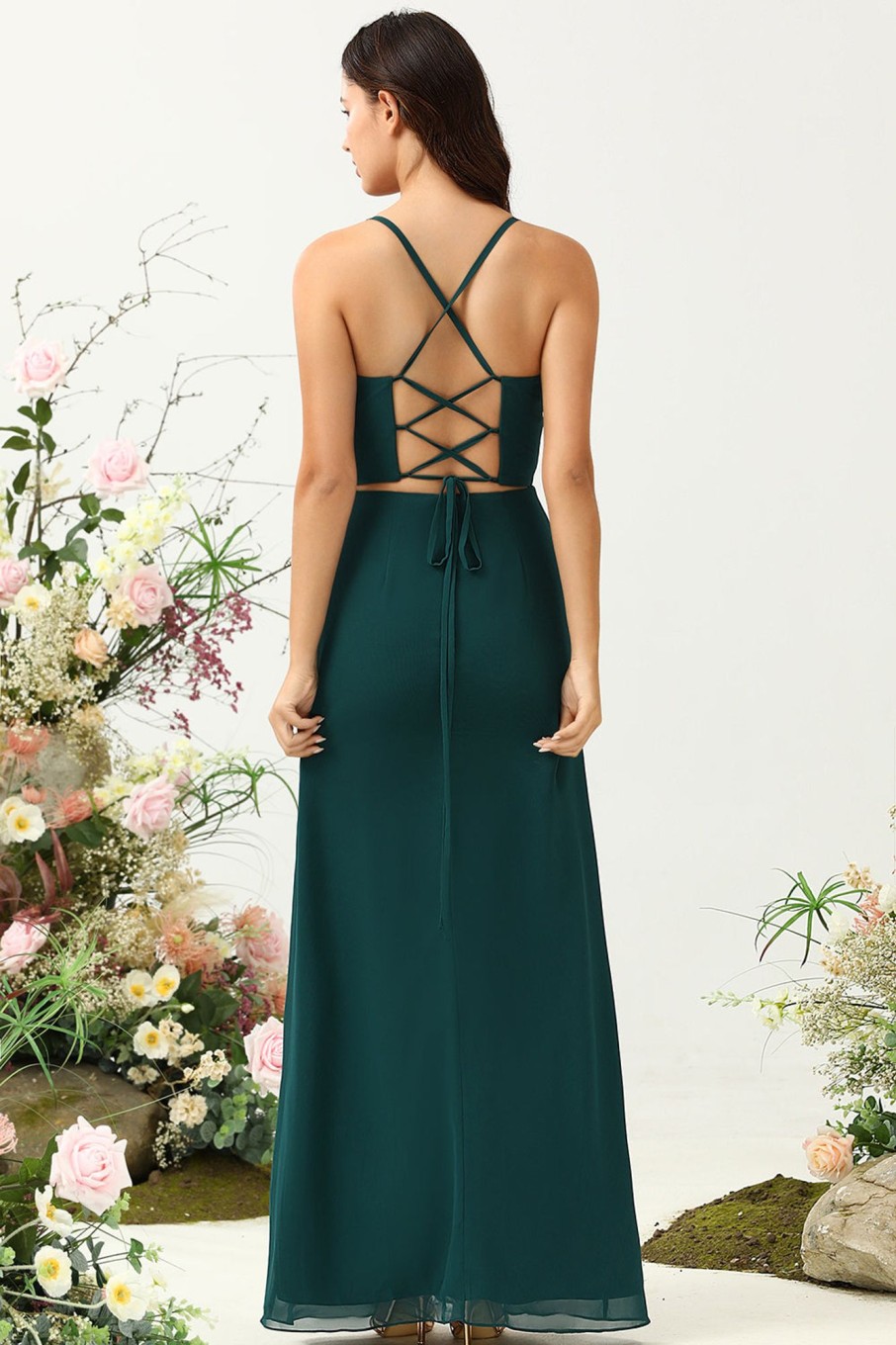 Partywear HELLYMOON | Dark Green Spaghetti Straps Wedding Guest Dress With Slit