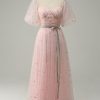 Prom Dresses HELLYMOON | Tulle A Line Blush Embroidery Prom Dress With Puff Sleeves Pink