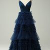 Prom Dresses HELLYMOON | A Line Spaghetti Straps Princess Prom Dress With Slit Navy