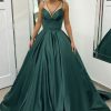 Special Occasion HELLYMOON | Spaghetti Straps Satin A Line Prom Dress With Pockets Dark Green