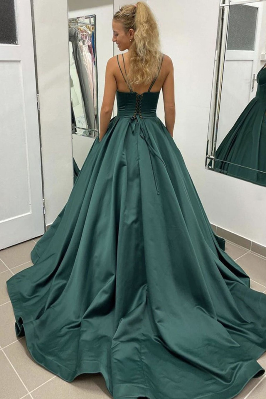 Special Occasion HELLYMOON | Spaghetti Straps Satin A Line Prom Dress With Pockets Dark Green