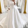 Wedding Dresses HELLYMOON | Vintage A-Line Long Satin Wedding Dress With Pockets White