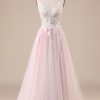 Wedding Dresses HELLYMOON | Pink A-Line Tulle Sweep Train Wedding Dress With Appliques Ivory