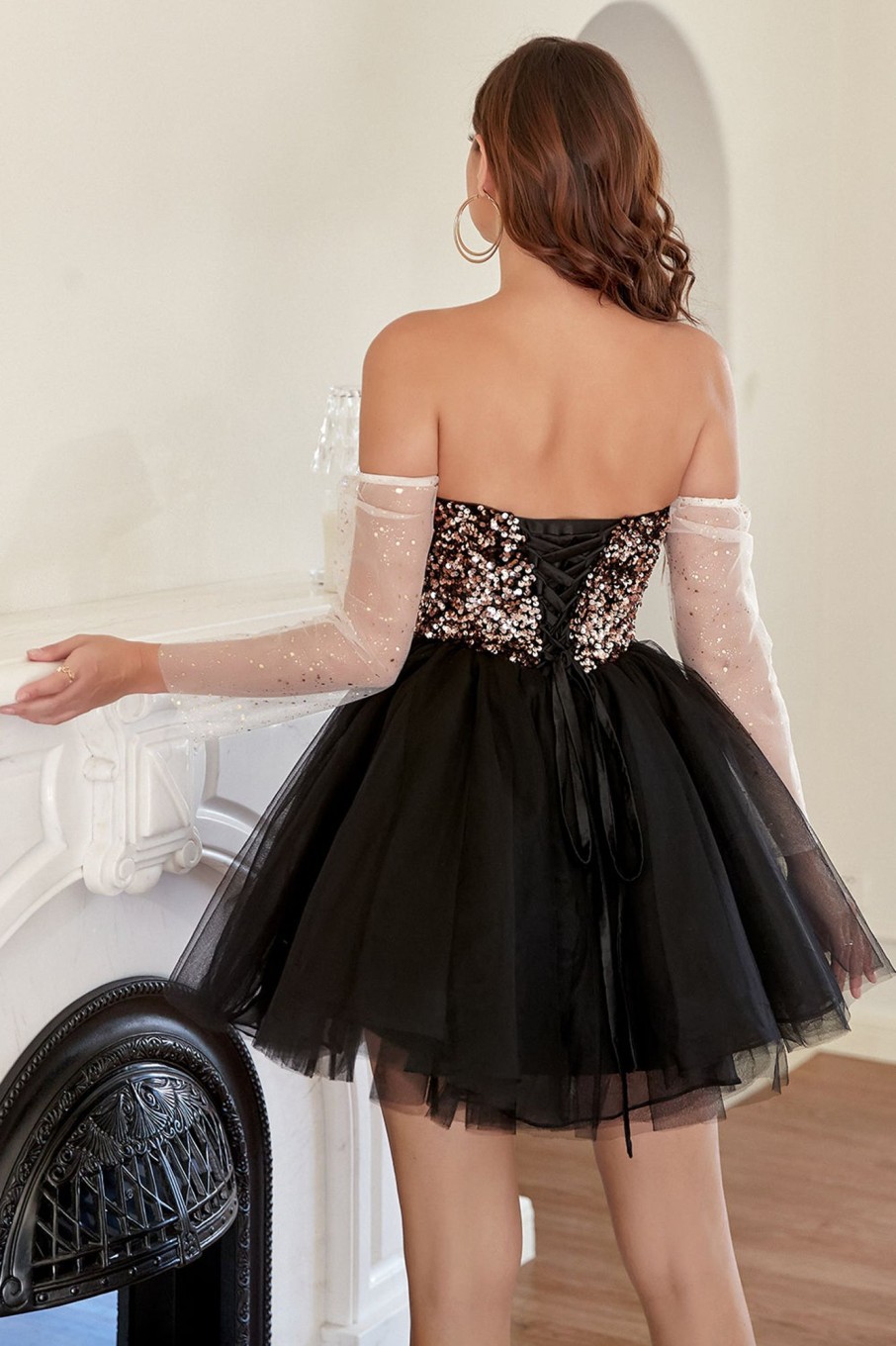 Prom Dresses HELLYMOON | A Line Off The Shoulder Short Homecoming Dress With Beading Black