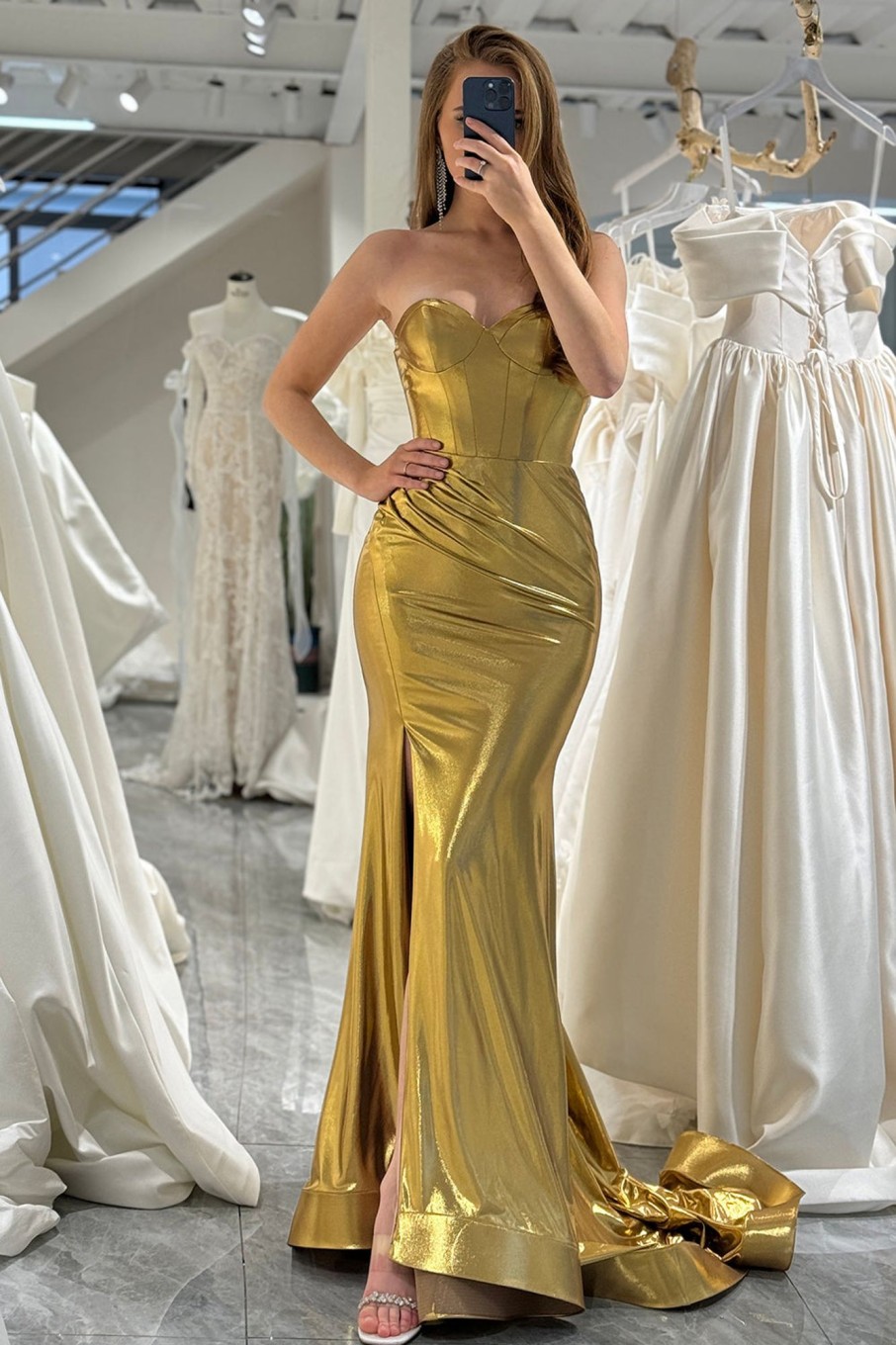 Prom Dresses HELLYMOON | Mermaid Strapless Corset Long Prom Dress With Slit Golden